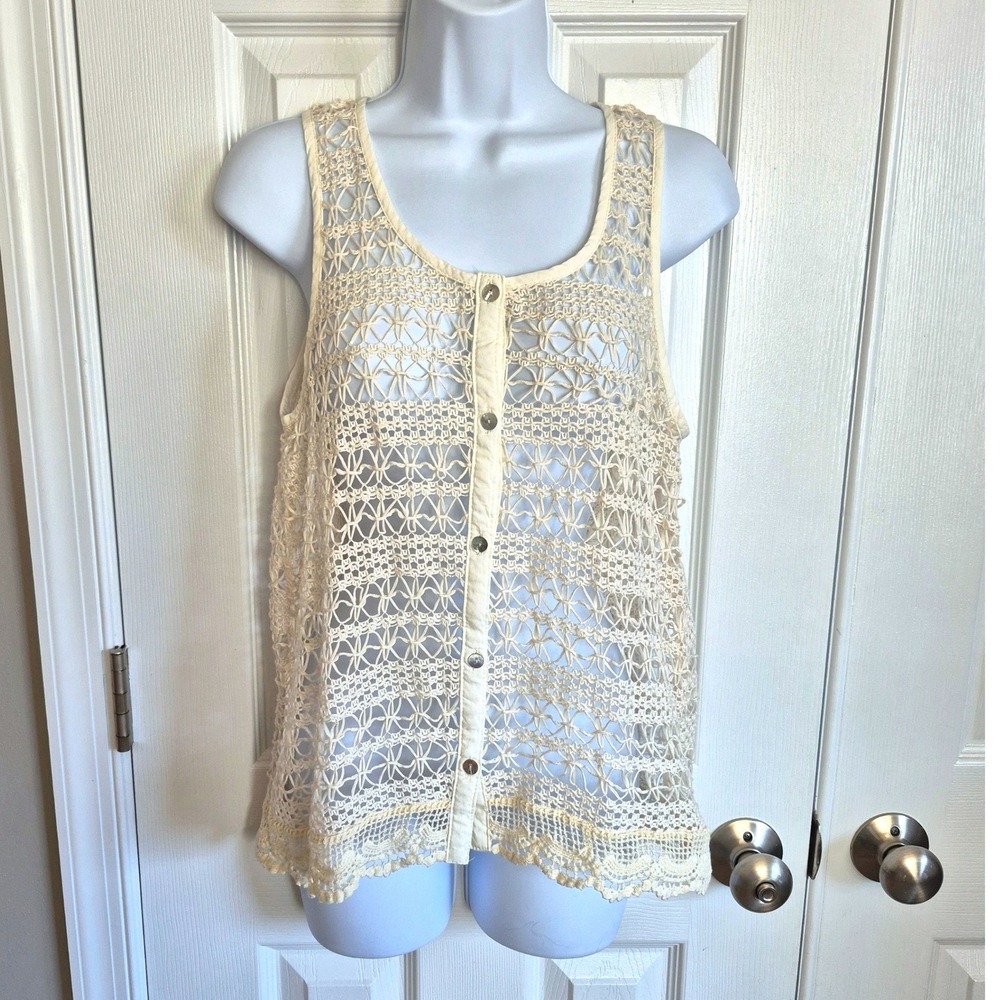 Crochet lace boho button up off-white cream vest top women's small - Picture 1 of 8